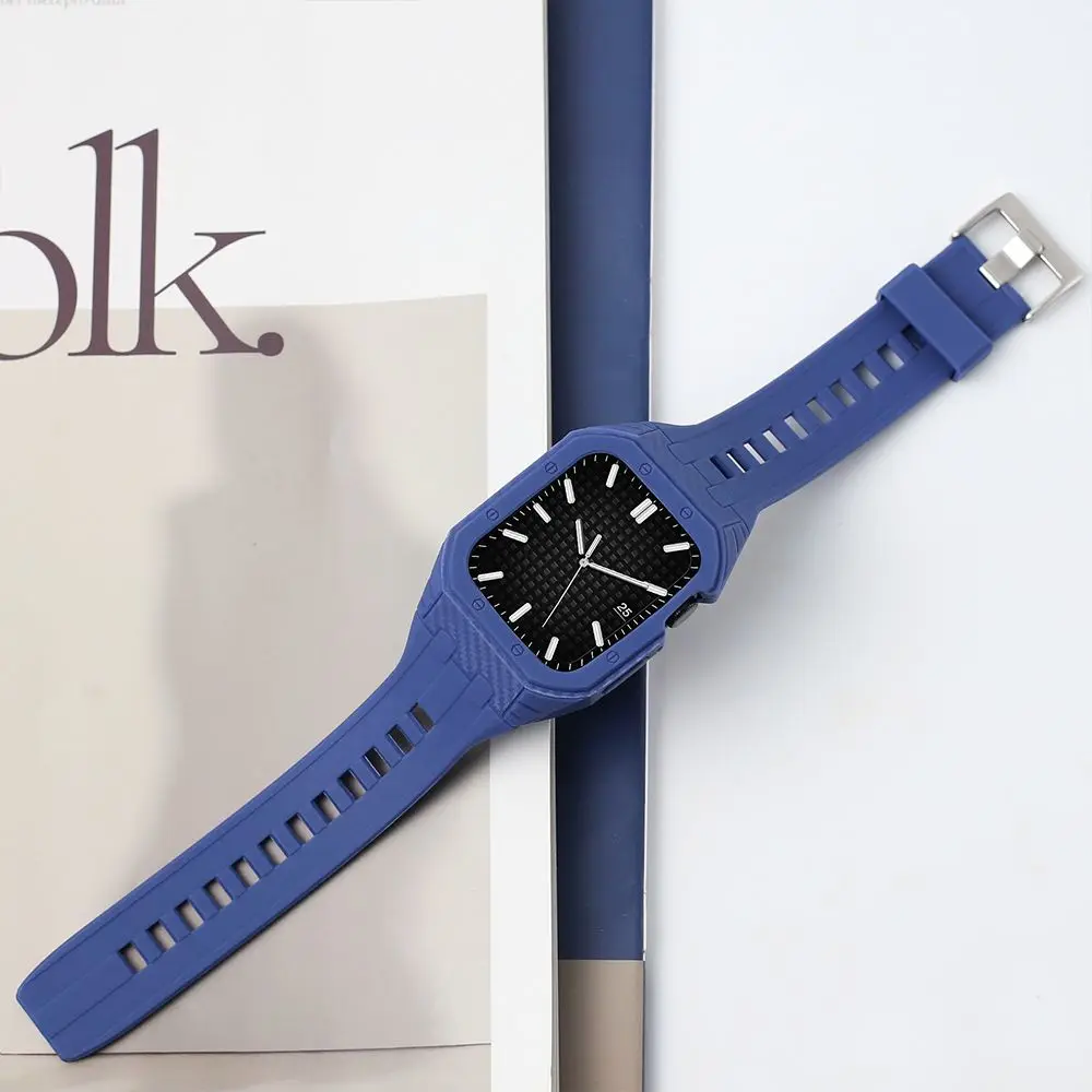 Silicone Strap Mod Kit For Apple Watch Series 8 7 45mm Band Carbon Fiber Case For iWatch Series SE 6 5 4 3 44mm 42mm Rubber Band