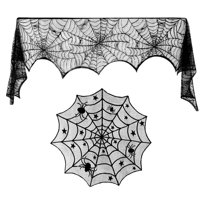 

18 By 96 Inch Halloween Lace Spiderweb Fireplace Mantle And 40 Inch Round Tablecloth Lace Spider Web Table Cover, 2 Pcs