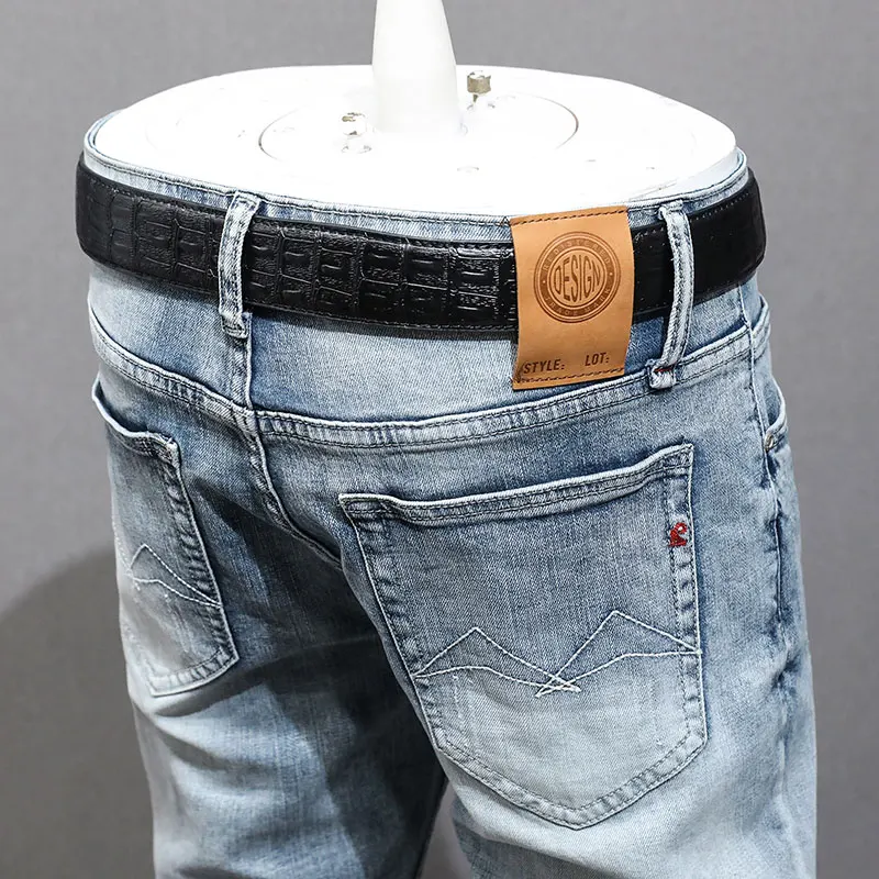 Fashion Designer Men Jeans Retro Light Blue Elastic Stretch Slim Fit Ripped Jeans Men Casual Trousers Vintage Denim Pants Hombre
