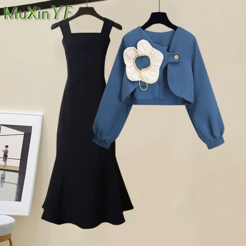 

Women's Fashion Dress Suit 2023 Spring Summer New Vintage Short Waistband Coat+Fishtail Skirt Two-piece Set Korean Matching Set