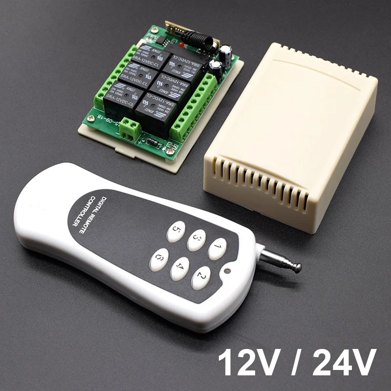 6-канальный релейный модуль, 24 В и 12 В постоянного тока, дистанционное управление, переключатель двигателя, 6-канальный радиочастотный приемник + передатчик 433 МГц, мгновенный фиксированный переключатель
