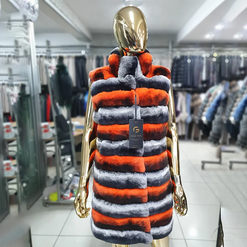 Stand-up Collat Sleeveless Rex Rabbit Vest Jacket Women Luxury Genuine Fur Tops 2022 New Contrast Color Stripe Fur Coat Female