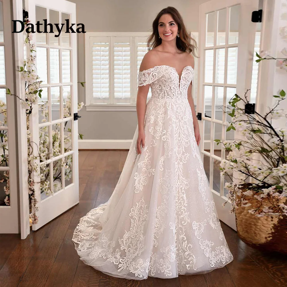 

Dathyka Luxury A-line Brides Wedding Dress V-neck Appliques Off the Shoulder Sweep Train Wedding Gowns Vestido De Casamento