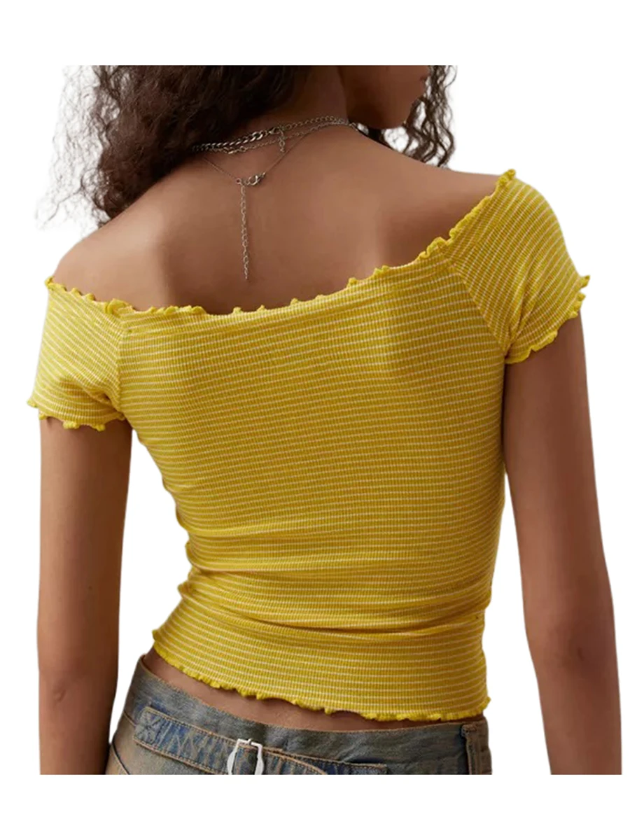 Women s Off Shoulder Crop Tops Stripe Pattern Boat Neck Short Sleeve Fit Summer T-Shirts