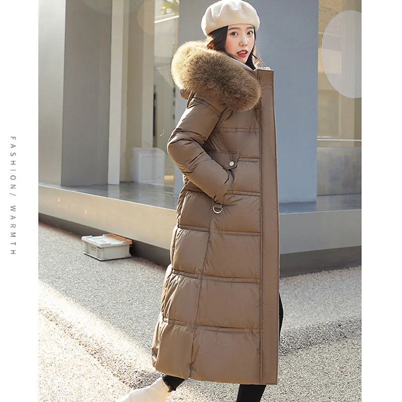 

Women's Clothing Khaki Down Clothes Warm Big Fur Collar Hooded Straight Coat Simplicity Baggy Long Puffer Padded Outwear Winter