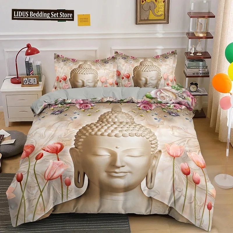 Buddha Bedding Set Indian Religion Buddhism Meditation Mandala Duvet Cover Smile Floral Soft Quilt Queen King Size