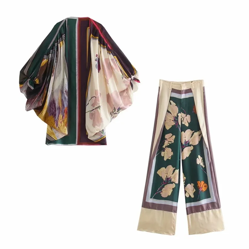 New Spring V-neck Kimono Style Long Sleeve Sleepwear Women's Silk Pajamas Set 2 Pieces Print Vintage Pijamas Women Home Suit