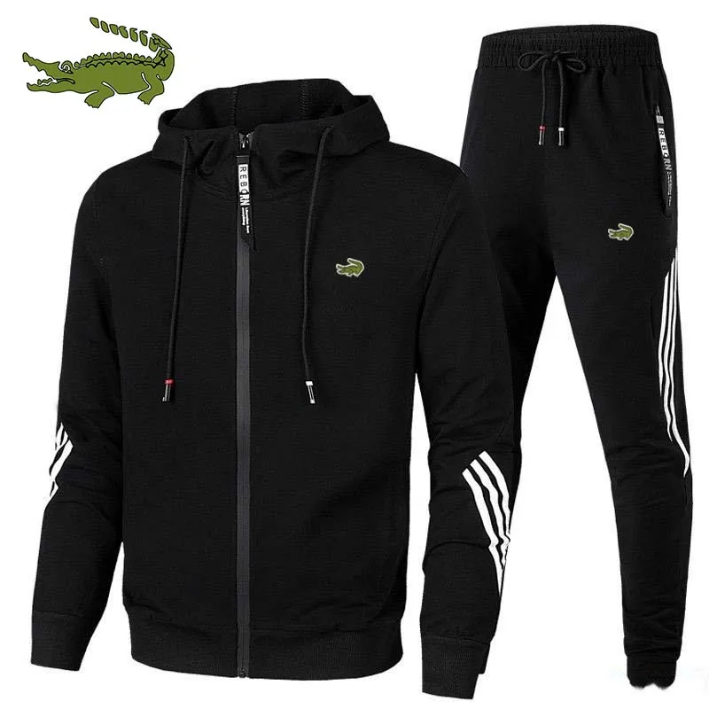 High-quality Men's Sports Zipper Hooded Suit Trendy Outdoor Sports Sets Printed Jacket + Pants Fitness Jogging Suit