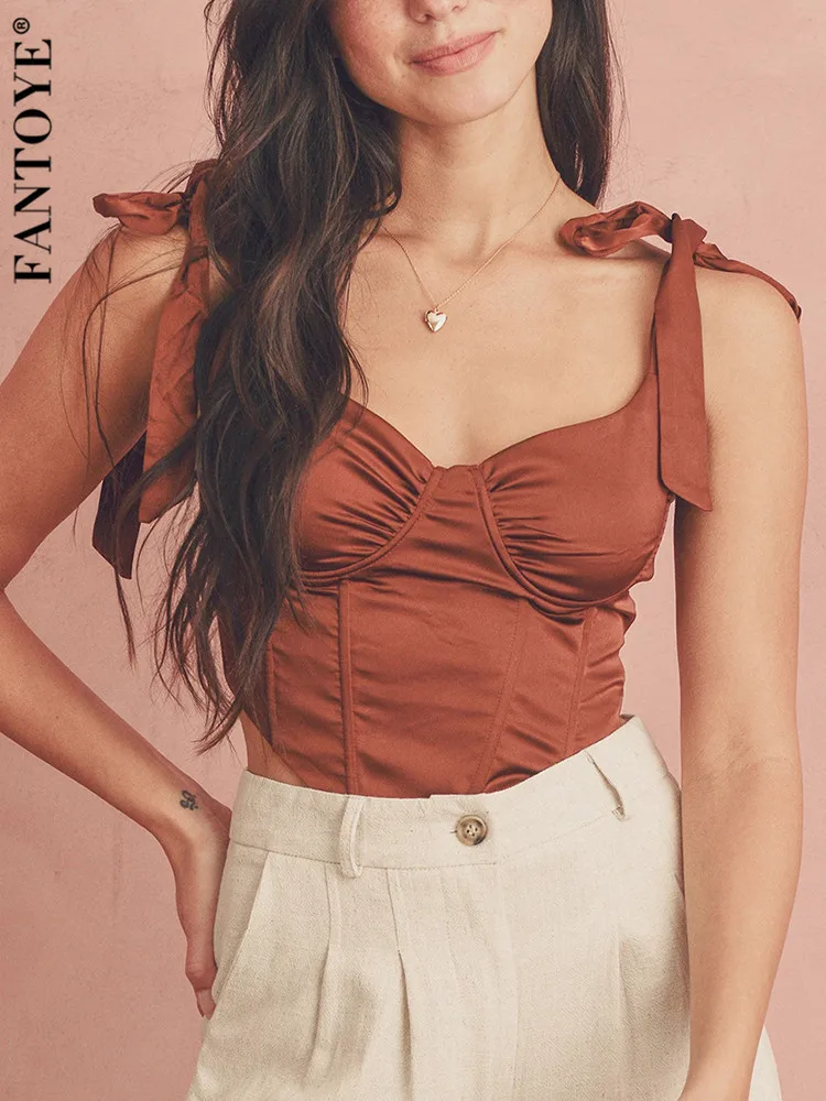 

Женский Атласный топ Fantoye, коричневый топ с квадратным воротником на тонких бретельках, облегающий топ на лето, уличная одежда 2022