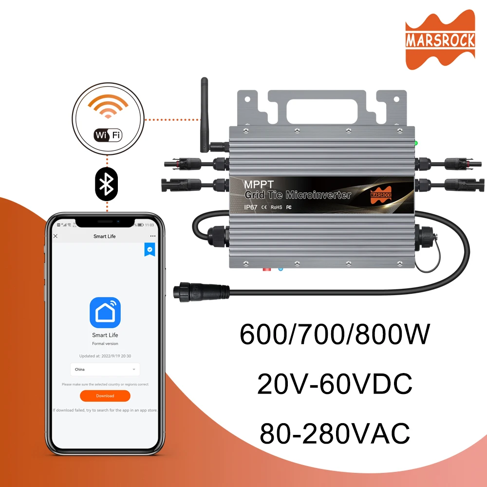 

IP67 600W 700W 800W MPPT Grid Tie Micro Inverter with Built-in WiFi function for 20-60VDC Solar Panel and 80-260VAC Grid