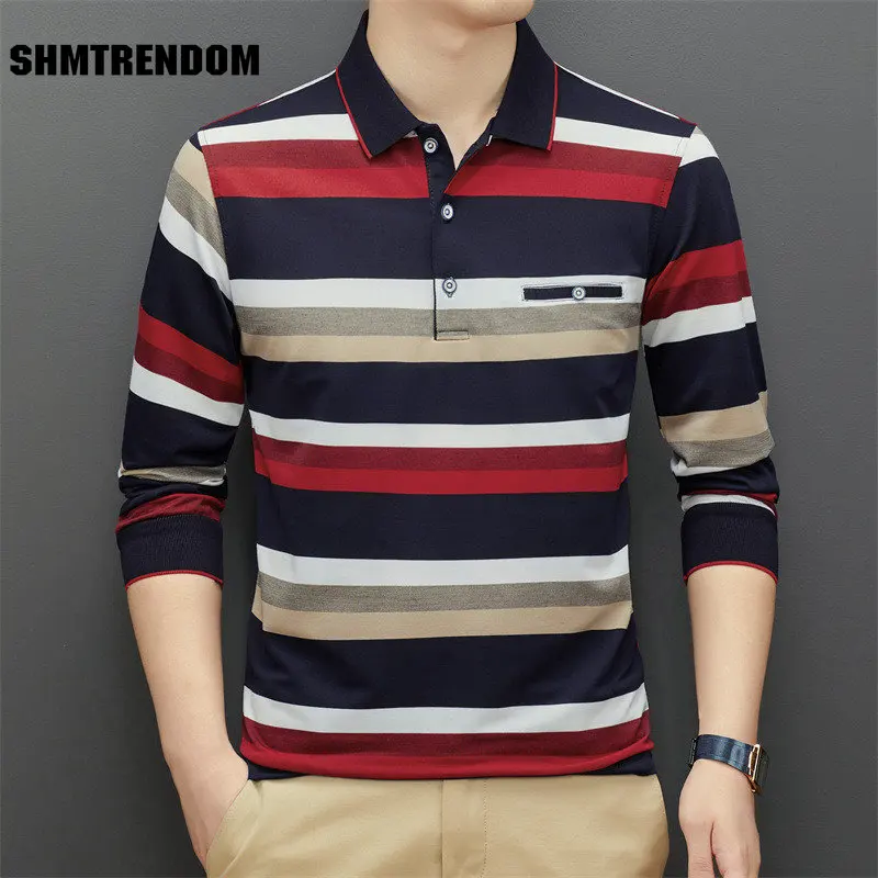 

Рубашка-поло мужская с длинным рукавом, 95% хлопок, в полоску