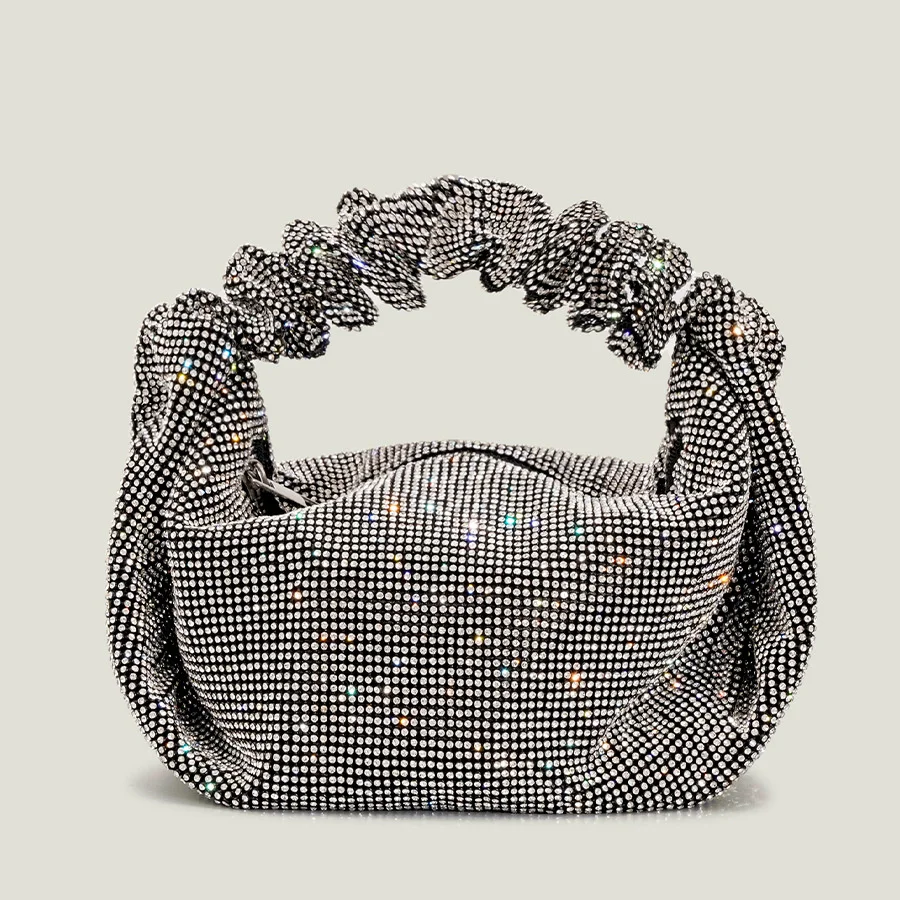 2023 Luxury Diamonds Ruched Handle Women Handbags Shiny Evening Bag Rhinones Mesh Lady Hand Bags Party Small Tote Purses