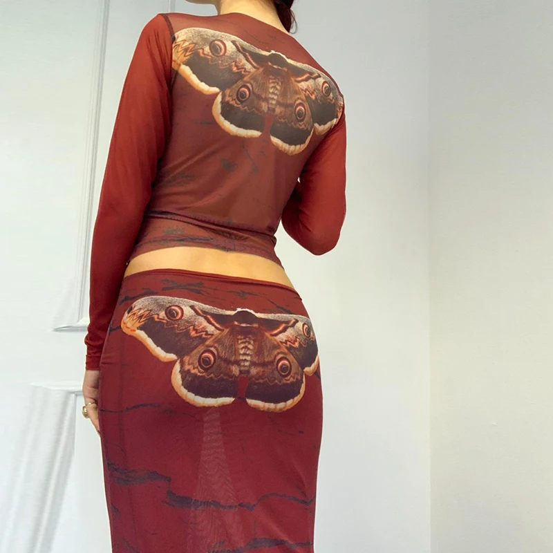 

Retro Aesthetics Two Piece Set Y2K Fairy Grunge Butterfly Print Slim Fit T-shirt Crop Top Mesh See Through Bodycon Long Dress