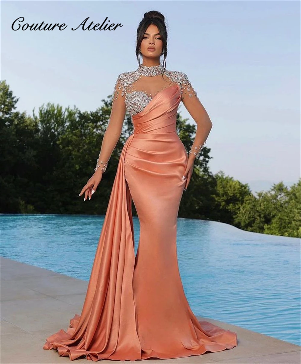 

Luxury Crystal Beading High Neck Evening Dress 2023 Arabic Mesh Long Sleeve فساتين مناسبة رسمية Dubai Mermaid Party Dress Satin