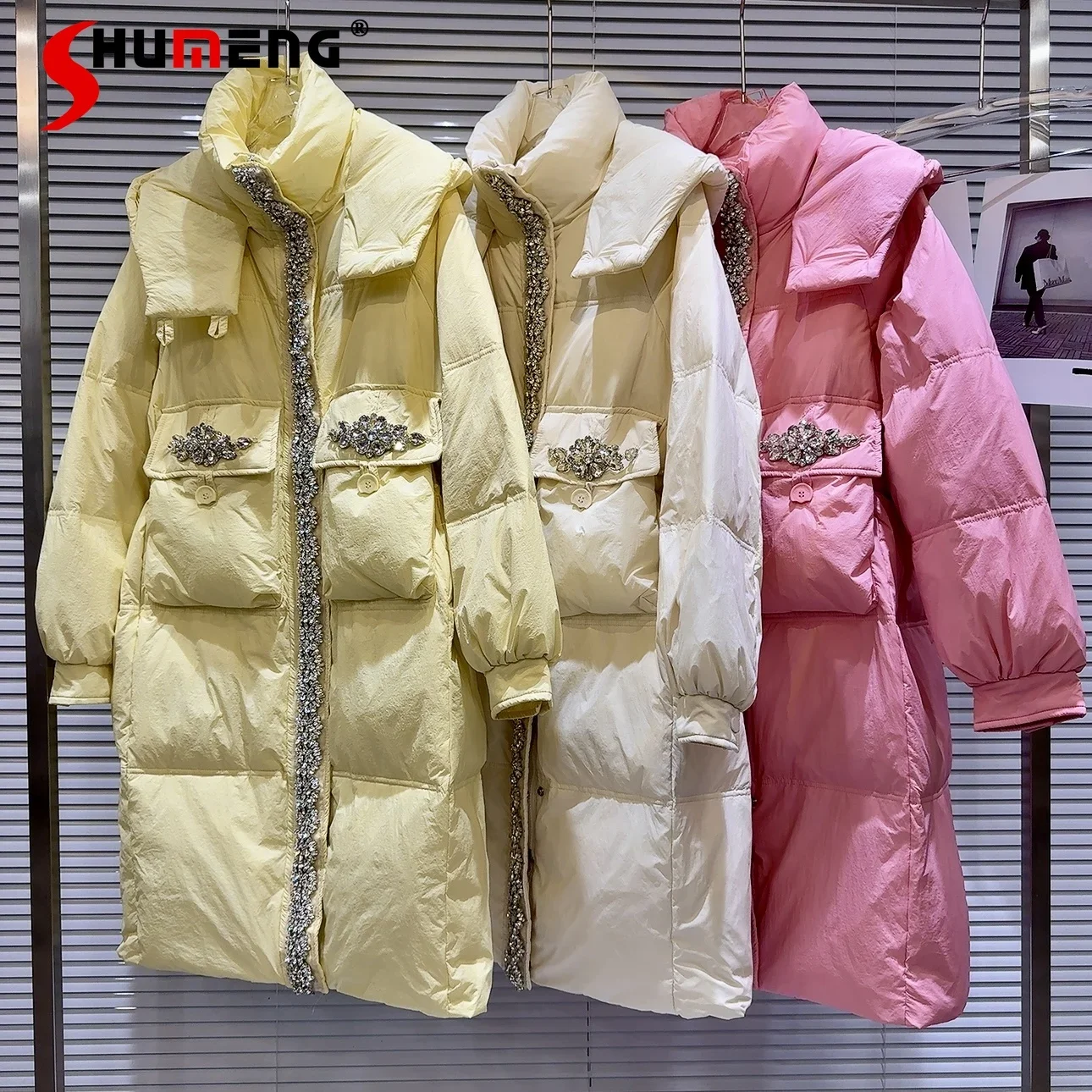 

Women's Clothes 2023 Winter New Down Jacket Coats Fashion Rhinestone Beaded Long Hooded Solid Color Long Sleeve Down Jackets
