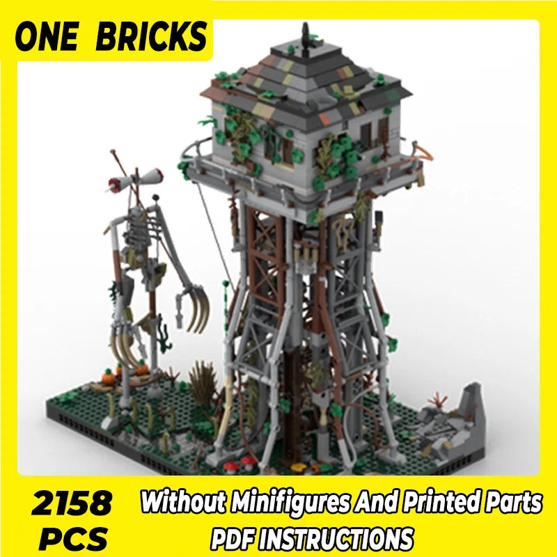 

Moc Building Blocks Modular Street View Abandoned Watchtower Technical Bricks DIY Assembly Construction Toys For Kids Holiday
