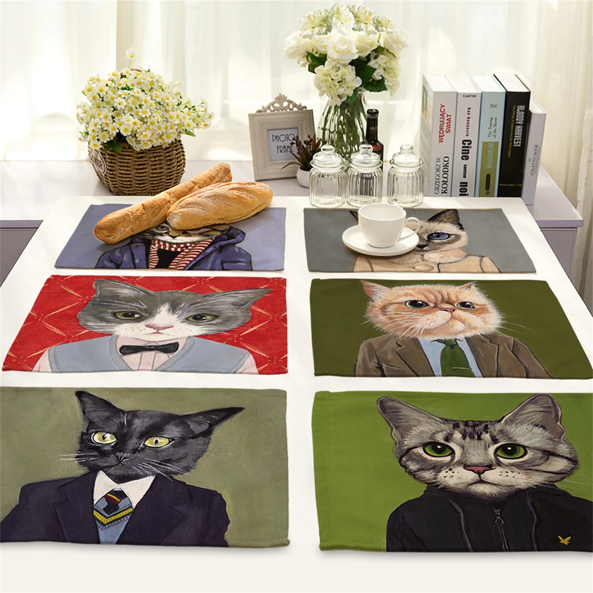 

32x42cm Cartoon Mr Cat Cotton Linen Placemat Gentleman Pet Animal Head Dining Table Mat Coaster Pad Bowl Cup Tea Mat Home Decor