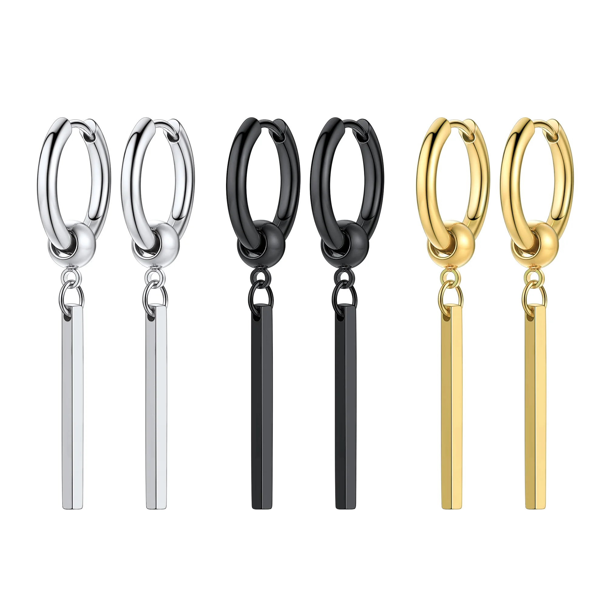 

ChainsPro Straight Dangle Earrings for Men Women Punk Jewelry Black/Gold Plated Stainless Steel for Sensitive Ears