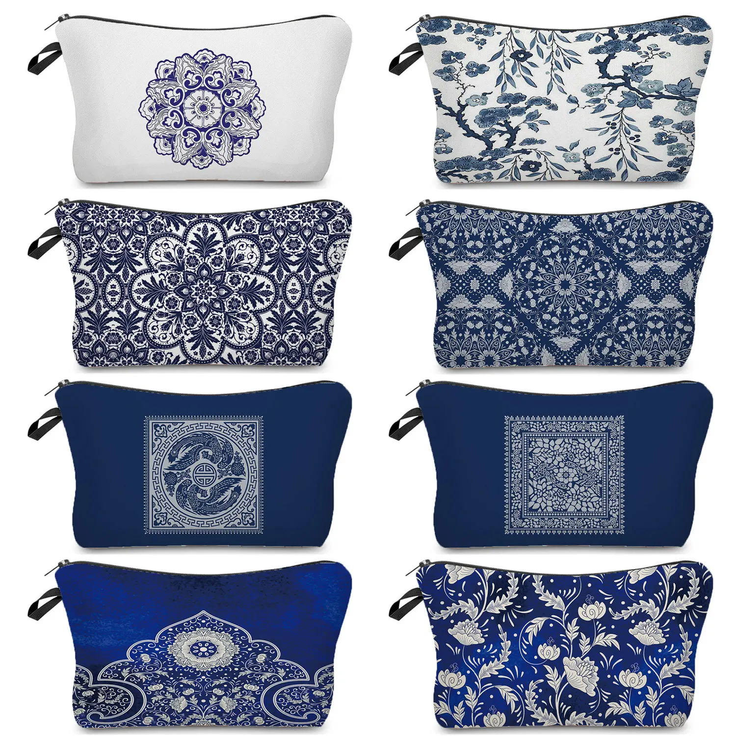 

Fashion Blue And White Porcelain Print Makeup Bag Customized Designer Logo Cosmetic Bags Women Simple Size Storage Organizer Bag