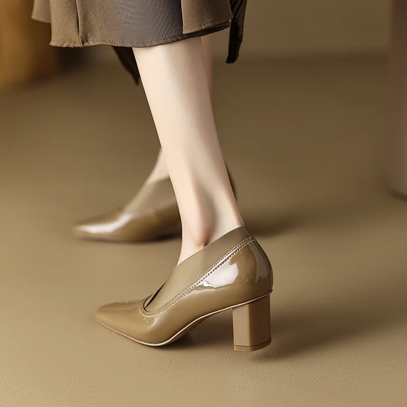 Spring and Autumn Cowhide Women's Shoes Square Toe Lacquer Leather Elastic Belt High Heel Simple Thick Heel Women's Shoes