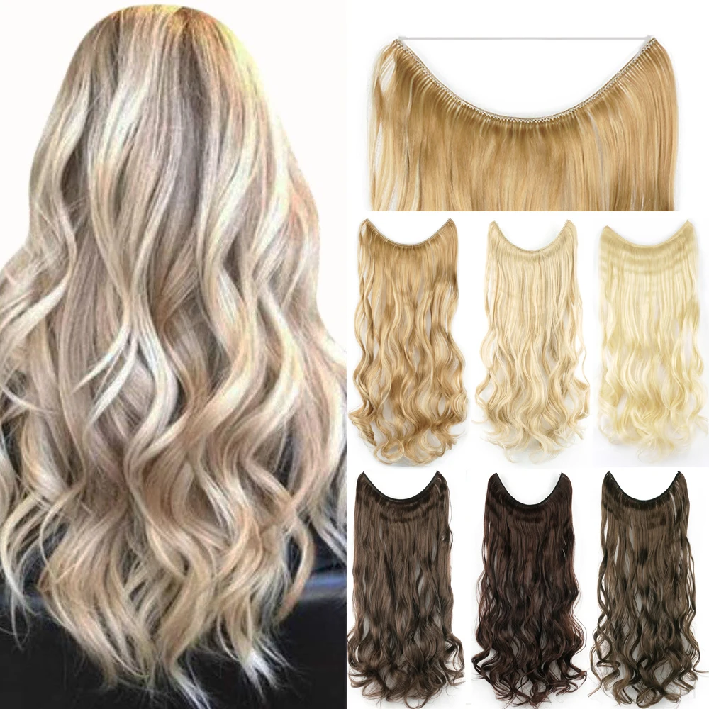 S Long Gray Blonde Synthetic Hair Hairpieces Extension Fish Line Invisible Wavy Halo Hair Extensions For Women