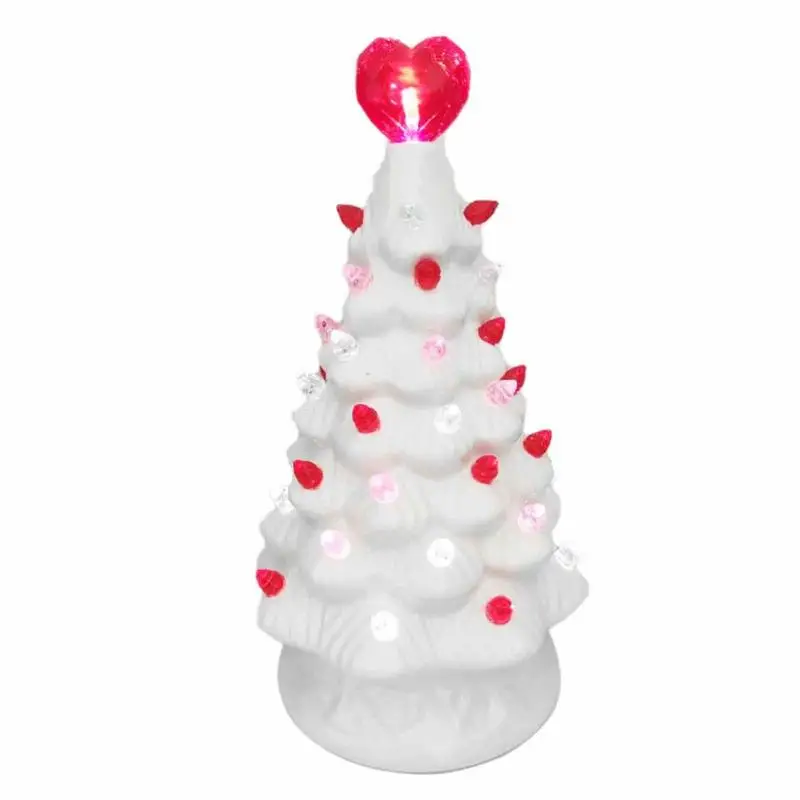 

LED Ceramic Tree White Ceramic Light Up Valentine Tree Tabletop Figurine Indoor Decoration With Heart Treetop For Valentine