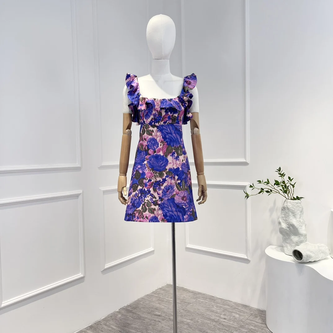 

Женское льняное мини-платье, фиолетовое платье с цветочным принтом, рюшами и завязками сзади, 2023