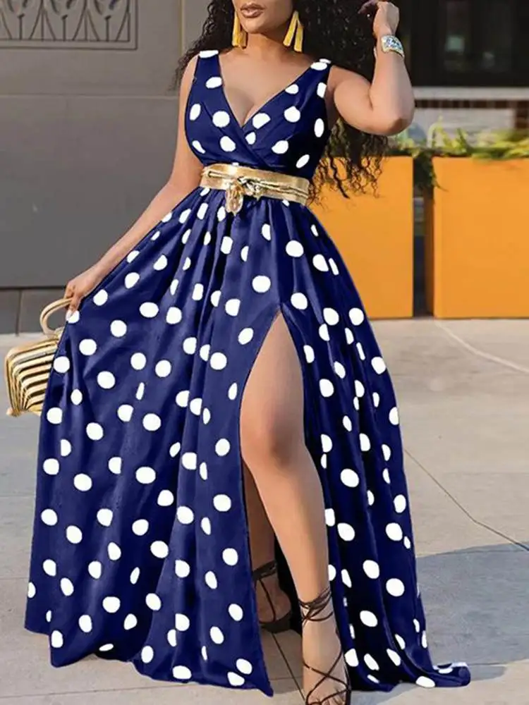 

VONDA Y2K Bohemian Women A-Line Polka Dot Vestidos Party Long Sleeveless Dress Deep V Neck Robe Femme Side Slit Street Sundress