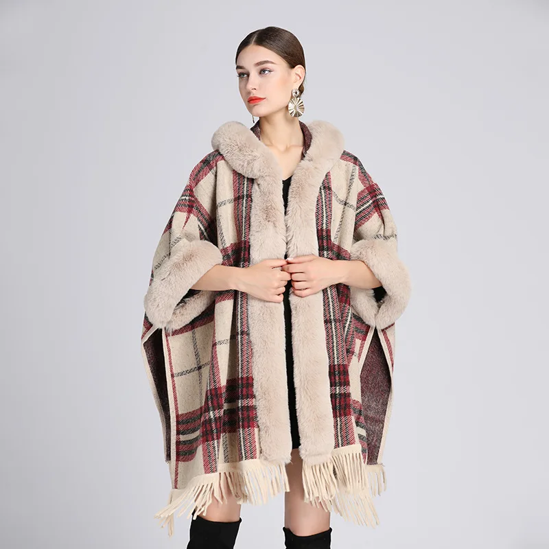 

Winter Coat Women Artificial Fur Hooded Collar Poncho Furberry Cape Tassel Plaid Pattern Oversized High Quality Cloak Women