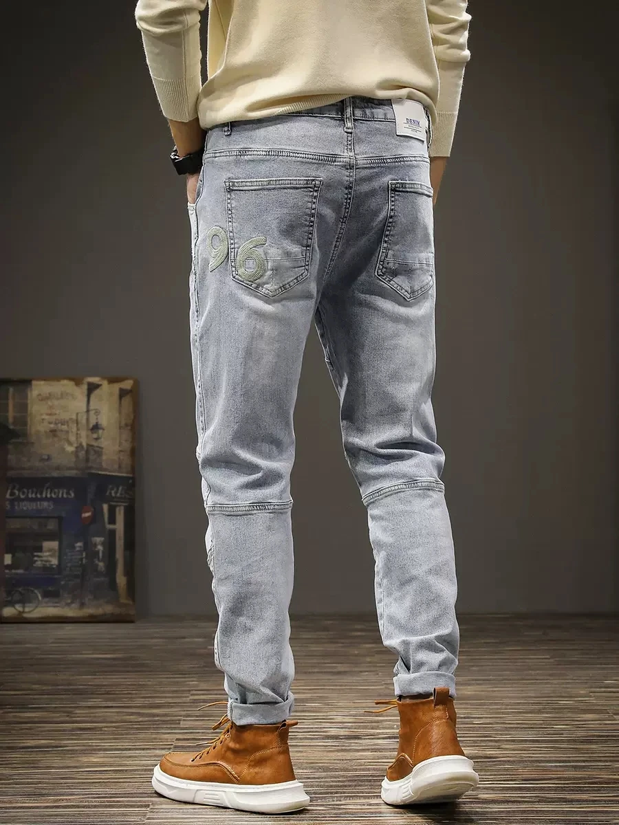 Streetwear Fashion Men Jeans Retro Light Blue Stretch Slim Spliced Biker Jeans Homme Hip Hop Pants Men Elastic Vintage Trousers