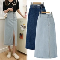 single breasted knee length denim skirt women streetwear casual pocket high waist straight jeans skirt new