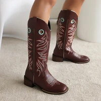 plus size embroidered pattern vintage style knight boots round hole thick heel plush lining embroidered womens knee boots