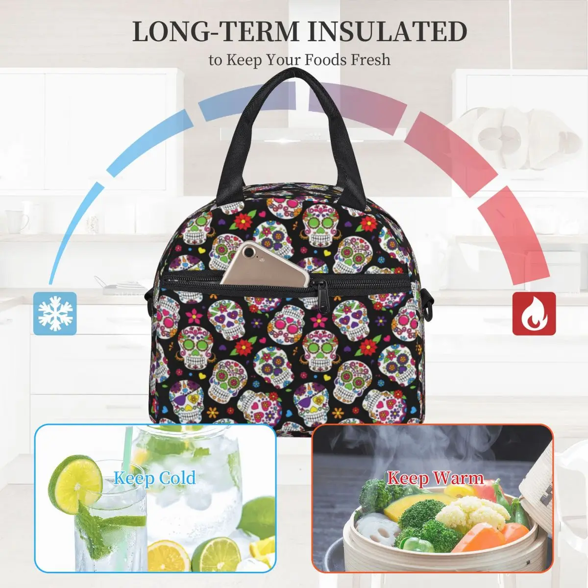 

Mexican Sugar Skull Lunch Bag with Handle Colorful Skulls Floral Print Carry Cooler Bag Takeaway Cool Pearl Cotton Thermal Bag