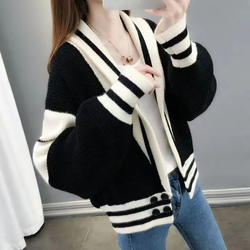 

Stripe Color Blocking Knitted Cardigan For Women Autumn And Winter New Fashion Casual Loose And Versatile Women's Sweater