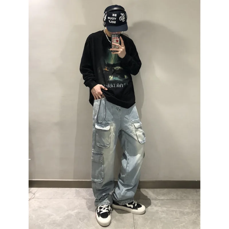 Blue Black Cargo Jeans Men Fashion Vintage Pocket Jeans Men Japanese Streetwear Hip-hop Loose Straight Denim Pants Mens Trousers