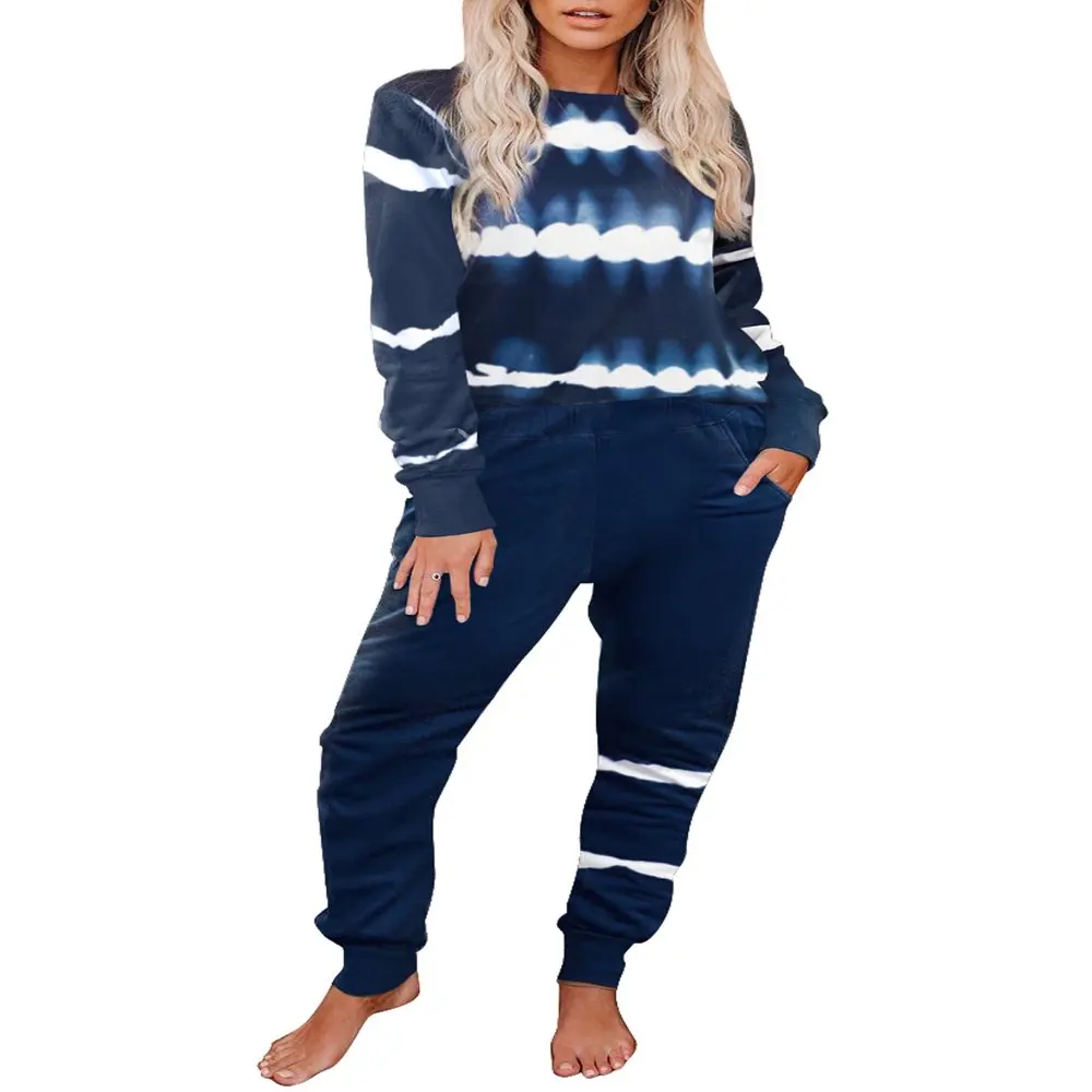 

Women Fashion Stripe Tie Dye Long Pajama Sets Pullover Top and Pocketed Pant Nightwear Sleepwear PJ Sets Blue S 4-6