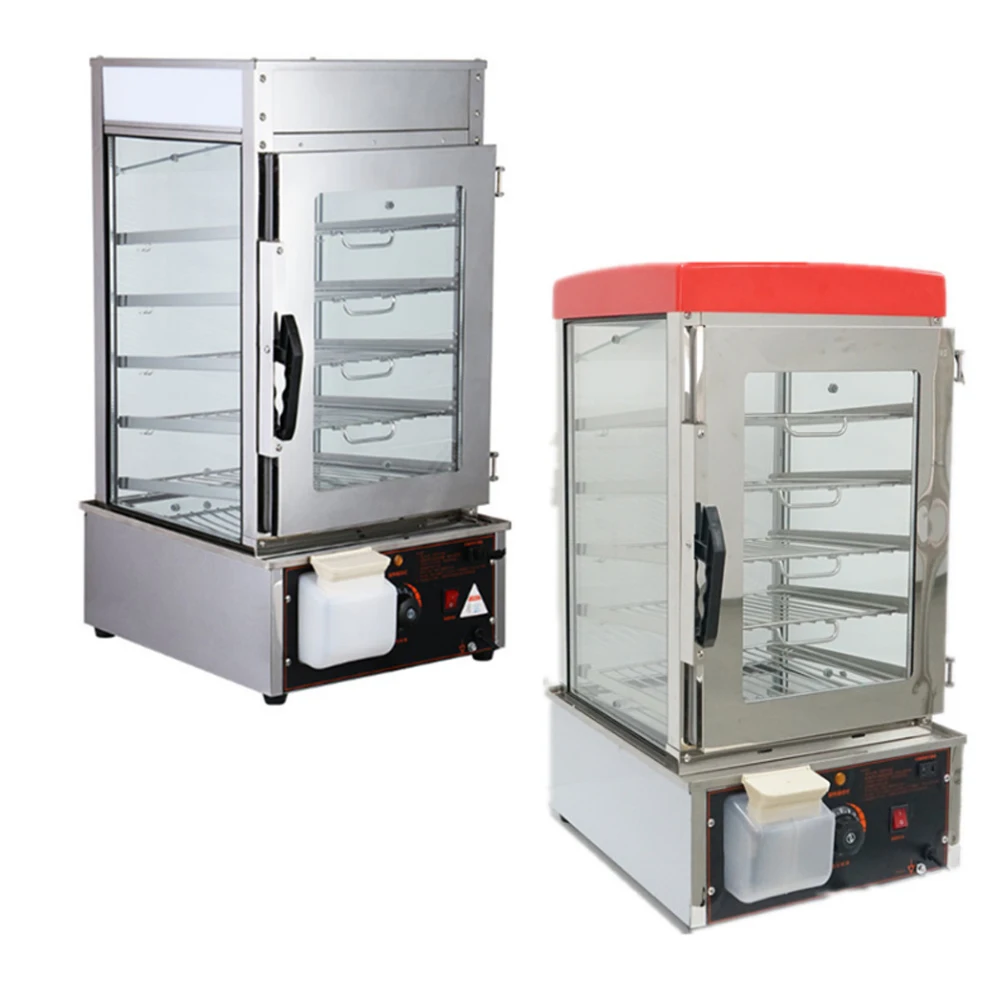 

Electric Commercial Stainless Steel Food Warmer Display Showing Baking Kitchen Machine Bao Dimsum Bun Steamer with Glass