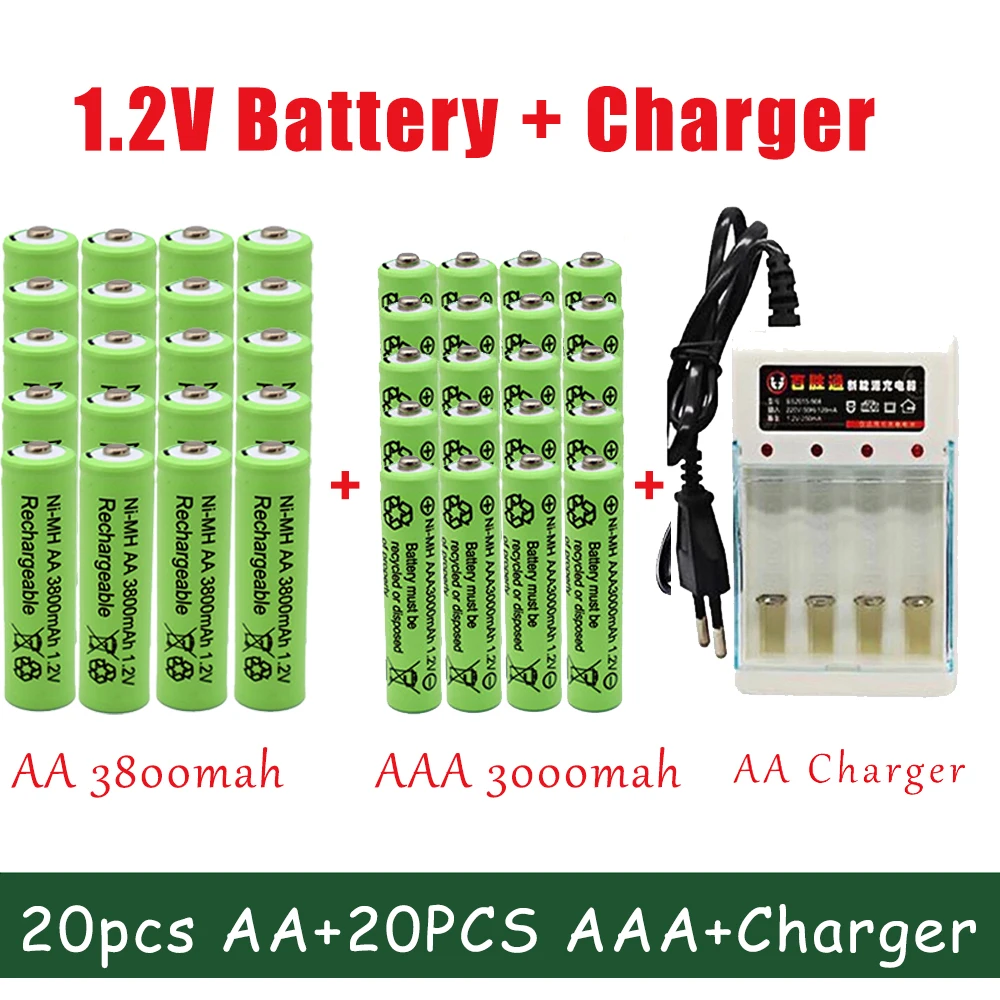 

1.2V AA 3800mAh + AAA 3000mAh NiMH Rechargeable Battery With Charger for Portable TV Lantern DVD Lampe-torche MP3 Mouse MP3/MP4
