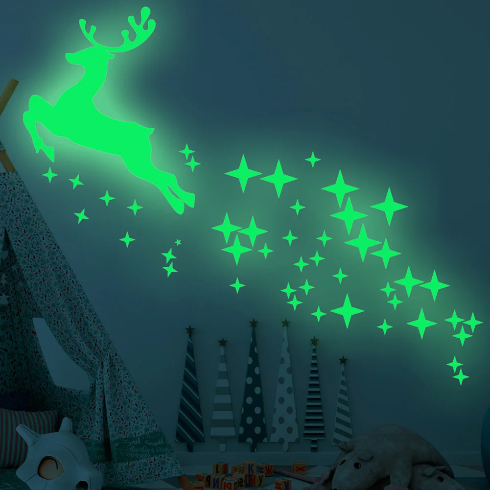 

Christmas Fluorescent Stickers Elk Star Bright Glow In The Dark Wall Sticker Luminous Cartoon Star Sticker Decal Kid Room Decor