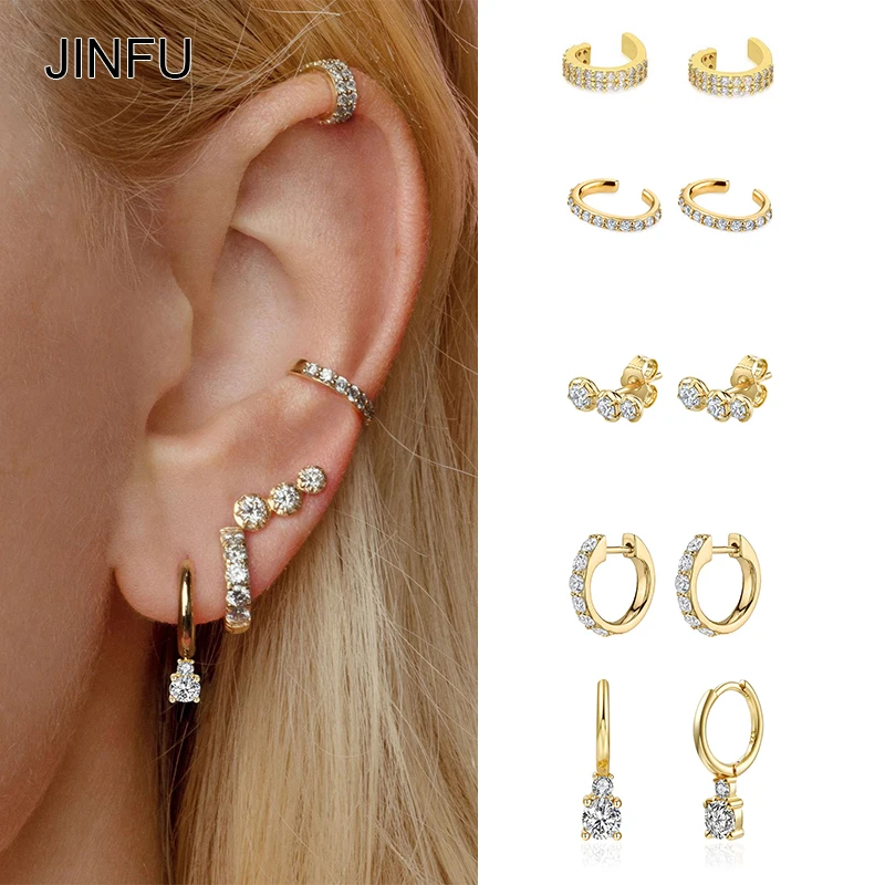 

JINFU Copper Gold Plated Earrings Set For Women Color CZ Zircon Ear Cuff Women's Hoop Drop Stud Earrings 2022 Jewelry Wholesale