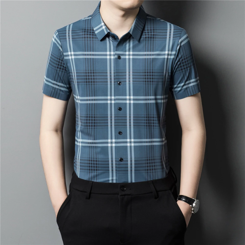 

White Striped Plaid Fashion Casual Short Sleeve Dress Men Shirt Summer New Quality Soft Comfortable Silky Luxury Camisa Masculia