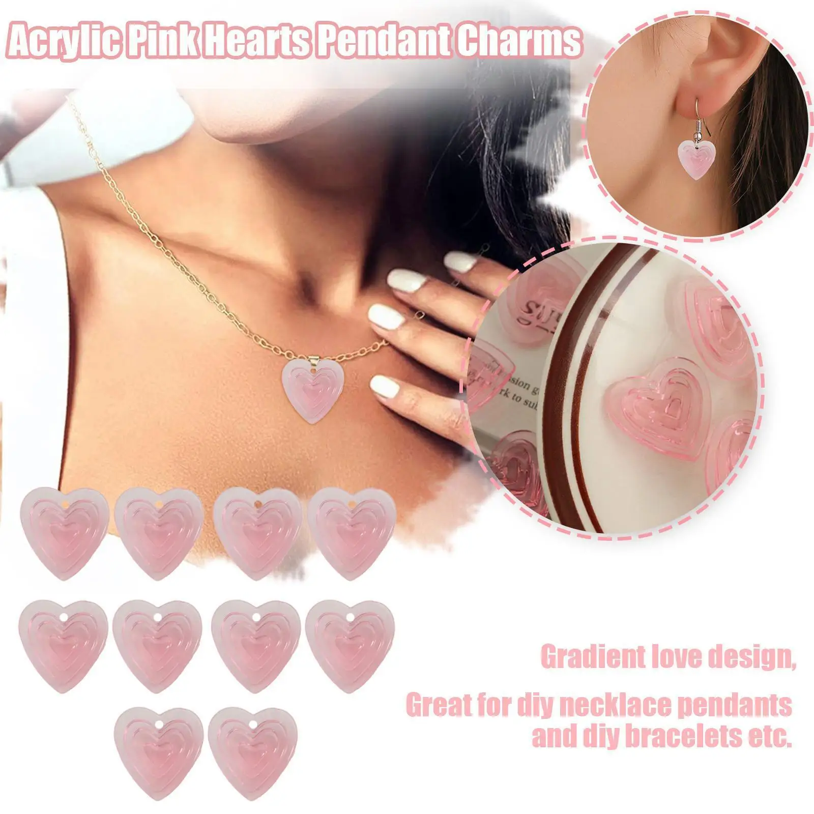 

10pcs Acrylic Pink Hearts Pendant For Earrings Necklace Making Material Diy Jewelry Accessories A2o6