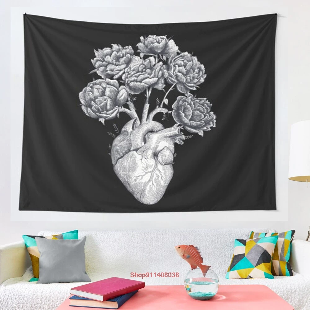 

Heart with peonies Band on black tapestry Wall Hanging Tapestries for Living Room Bedroom Decor