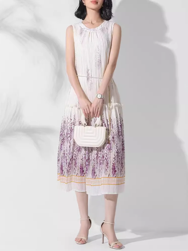 GVUW плиссированное платье с принтом женское круглым воротником без рукавов на