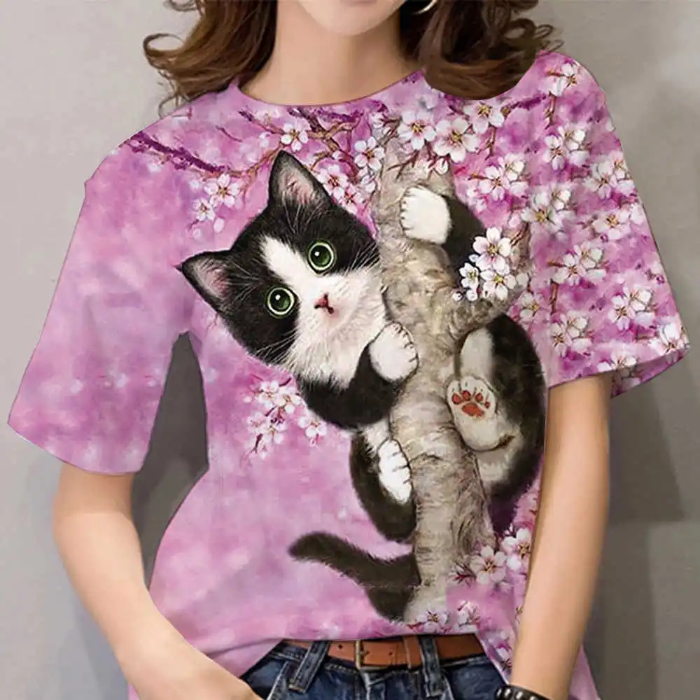 

Летняя женская футболка с 3D-принтом милого кота, модная футболка, новинка 2022, футболка с животными в стиле Харадзюку, одежда с коротким рукавом, футболка оверсайз