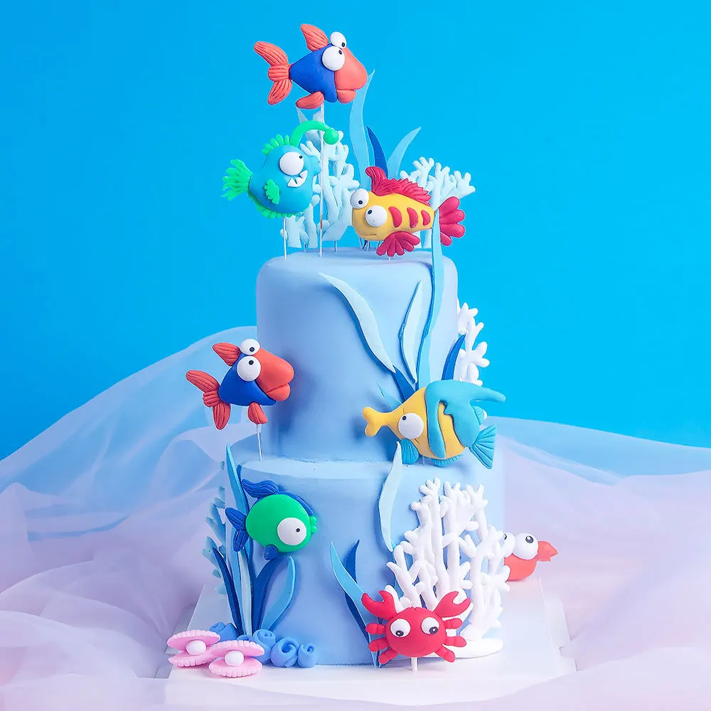Cute Sea Animals Cake Toppers Marine Creature Decor Fish Mermaid Cake Decorations Ocean Themed Birthday Party Boy Baby Shower