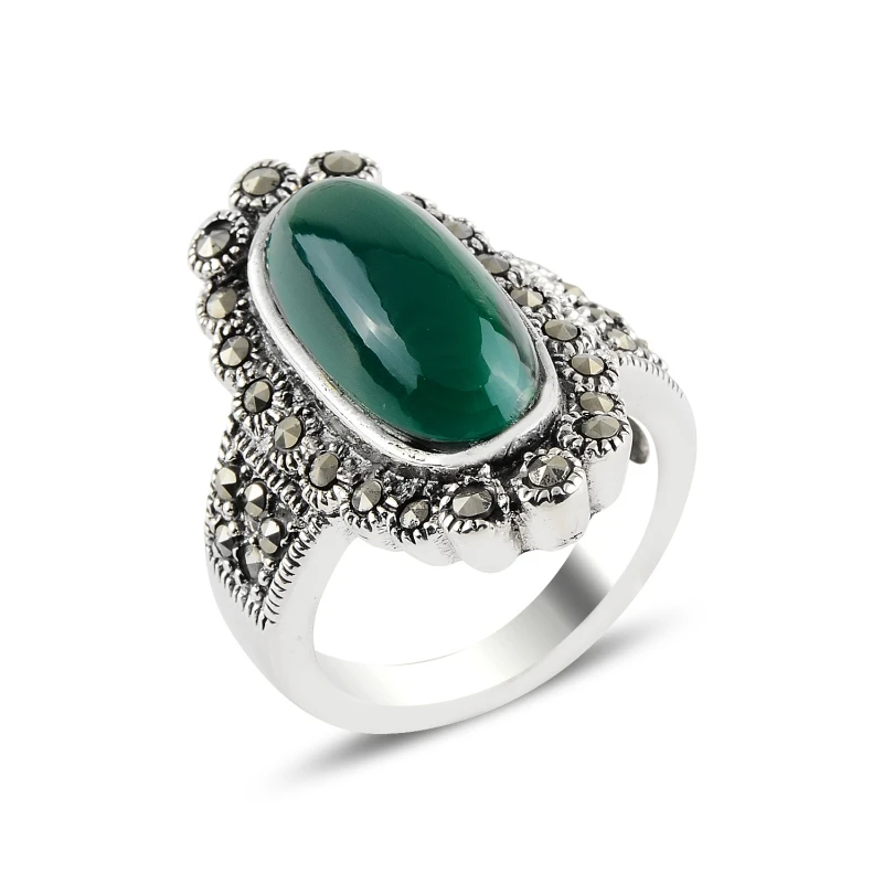

Silver 925 Sterling Green Agate & Marcasite Ring