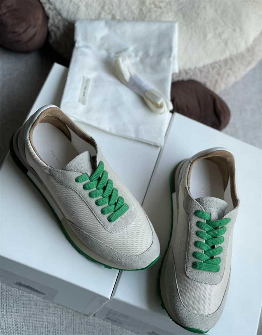 

The Row High end Genuine Leather Casual Sports Shoes Lace up Fashion Versatile Suede Mesh Faced Dad Shoes Girl