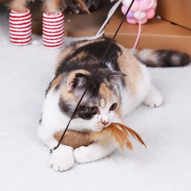

Creative Wood Pet Toys Cat Teaser Rod Interactive Funny Cat Rod Linen Knitted Replacement Head Cat Accessories Pet Supplies