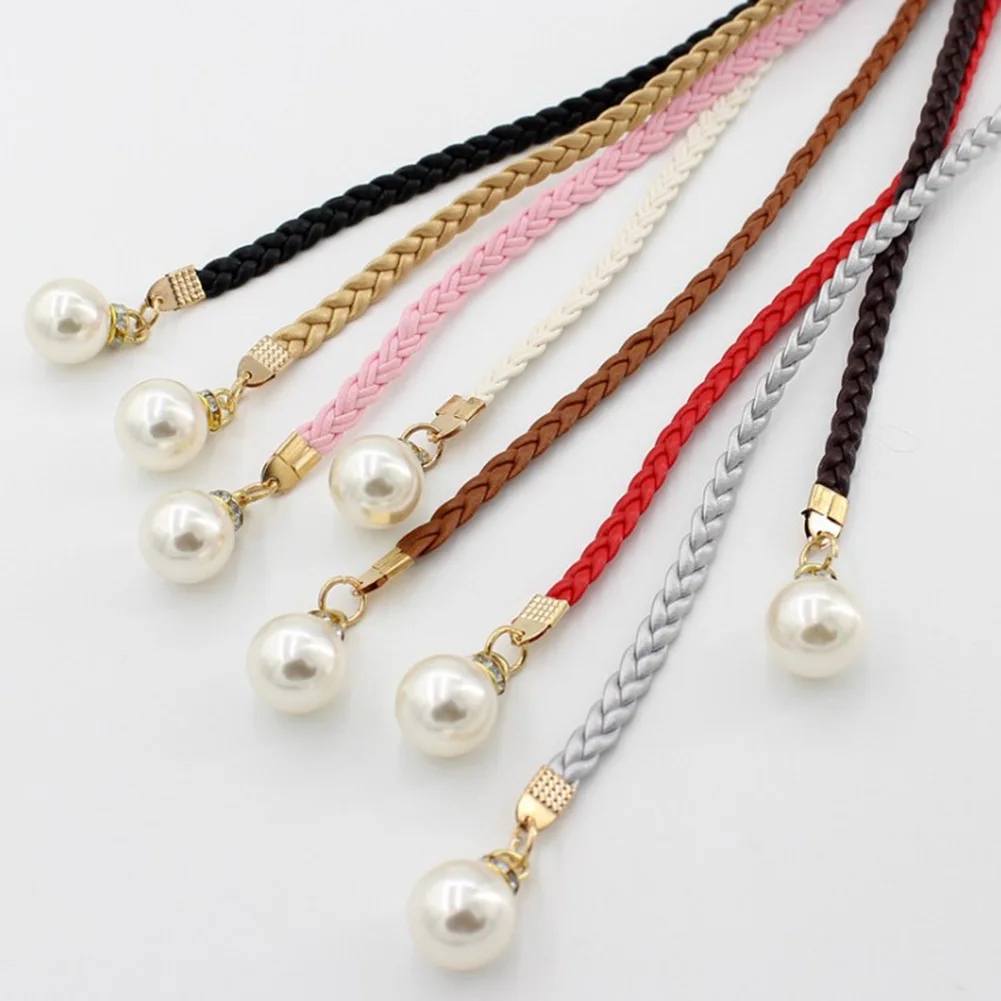 

Solid Color Simplicity Summer Waistband For Dress Elegant Pearl Thin Belts Women Long Leather Hemp Rope Braid Waist Belt Girls
